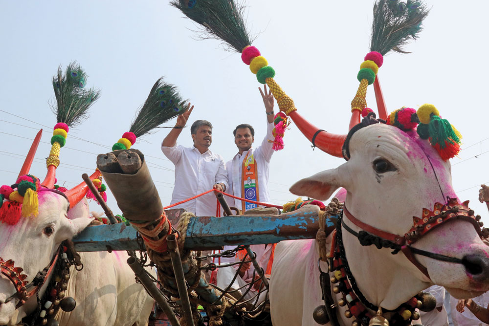 NCP (SP) MLA Rohit Pawar (left) and party leader Yugendra Pawar campaign in Baramati, November 10, 2024