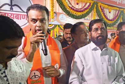 Milind Deora (left) and Maharashtra Chief Minister Eknath Shinde at Worli, Mumbai, November 4, 2024