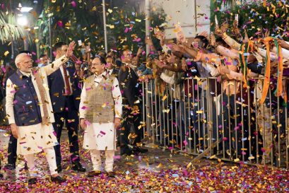 Prime Minister Narendra Modi celebrates the victory in Maharashtra with BJP President JP Nadda, New Delhi, November 23, 2024