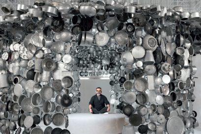 Subodh Gupta with an installation made from cooking pots