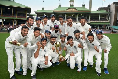 The Indian team with the Border-Gavaskar Trophy at the Sydney Cricket Ground, January 7, 2019