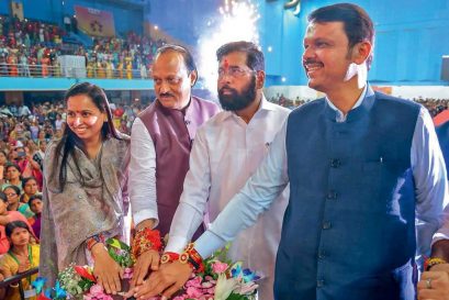 Maharashtra Chief Minister Eknath Shinde and Deputy Chief Ministers Devendra Fadnavis and Ajit Pawar launch the Ladki Bahin Yojana in Nagpur, August 31, 2024