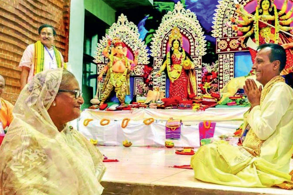 Sheikh Hasina at the Dhakeshwari temple during Durga Puja in 2023