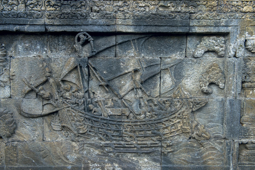 A relief carving of a Chola ship at Borobudur