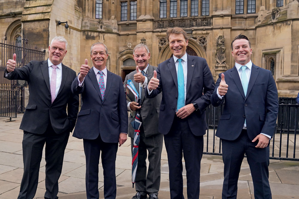 (L-R) Reform UK leaders Lee Anderson, Nigel Farage, Rupert Lowe, Richard Tice, and James McMurdock at the House of Commons, July 9, 2024 