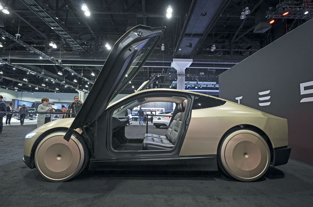 The Tesla Cybercab is displayed in Los Angeles, November 21, 2024 