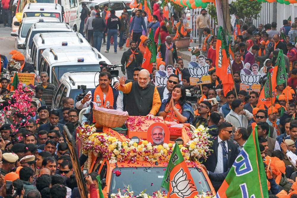 Union Home Minister Amit Shah on a roadshow in Kasturba Nagar, January 28, 2025