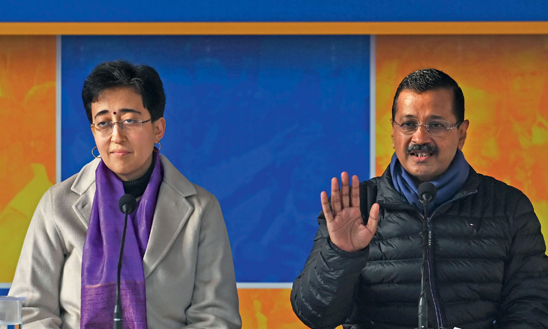 Delhi Chief Minister Atishi and Arvind Kejriwal at AAP headquarters, January 3, 2025 