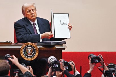 Donald Trump shows his executive orders to the media on his first day as US President, Washington Dc, January 20, 2025