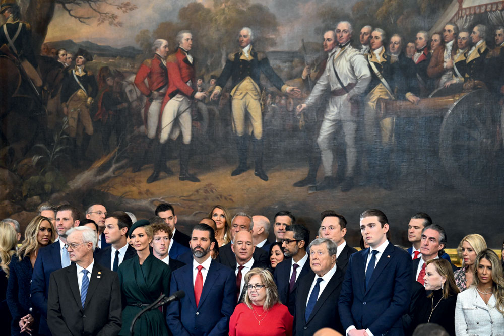 Ivanka, Donald Jr, Barron (front row) and Eric Trump (second row, extreme left) at the inauguration with tech bosses Mark Zuckerberg, Jeff Bezos, Sundar Pichai, Elon Musk and others 