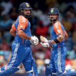 Rohit Sharma and Virat Kohli in the T20 World Cup final at the Kensington Oval, Barbados, June 29, 2024