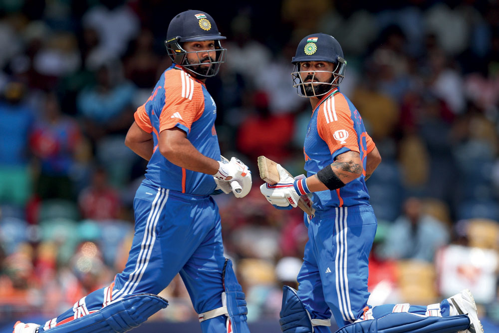 Rohit Sharma and Virat Kohli inthe T20 World Cup final at the Kensington Oval, Barbados, June 29, 2024