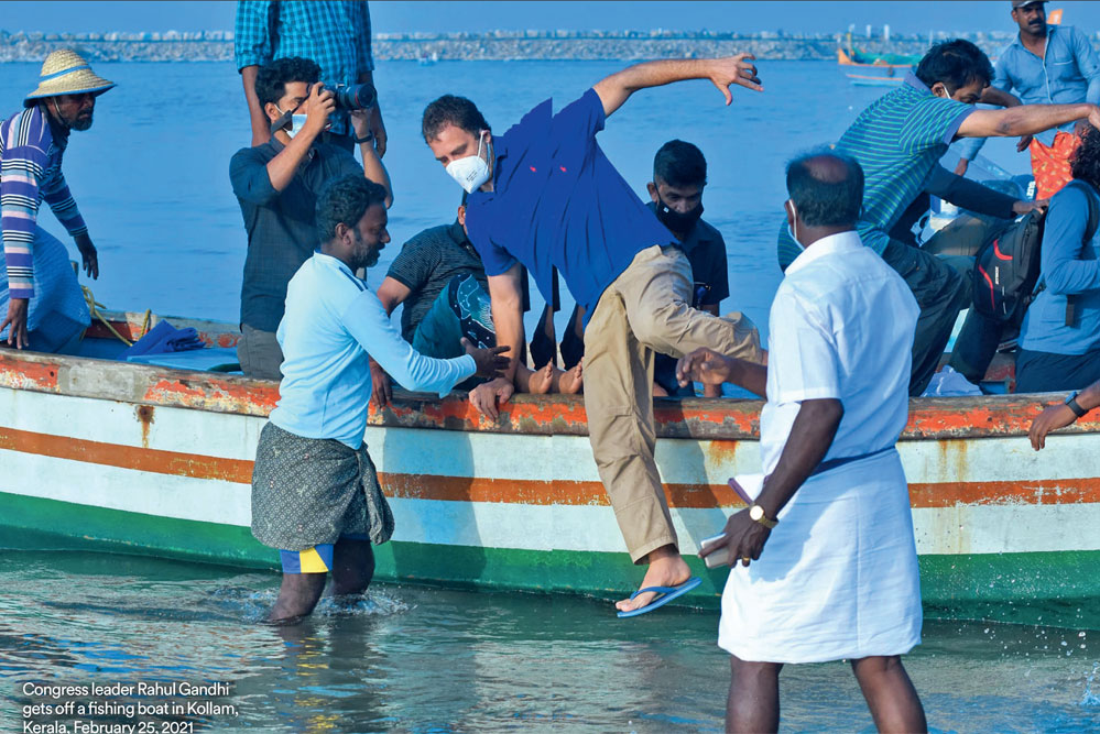 Congress leader Rahul Gandhi gets off a fishing boat in Kollam, Kerala, February 25, 2021