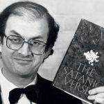 Salman Rushdie with a copy of The Satanic Verses on February 14, 1989, the day Ayatollah Khomeini issued his fatwa