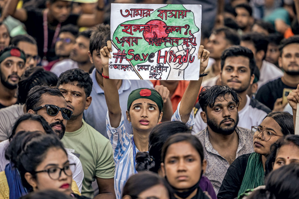 Bangladeshi Hindus at a protest in Dhaka, August 9, 2024