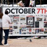 A placard bearing pictures of Israelis held captive, outside Hostage Square, Tel Aviv, February 19, 2025