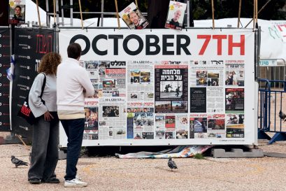 A placard bearing pictures of Israelis held captive, outside Hostage Square, Tel Aviv, February 19, 2025