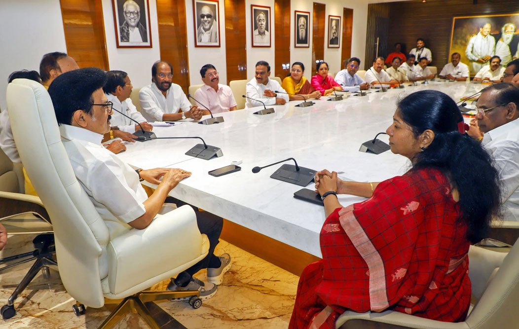 Tamil Nadu Chief Minister MK Stalin chairs a meeting at DMK headquarters, Chennai, March 09, 2025