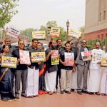 Kanimozhi, Tiruchi Siva and other DMK MPs protest outside Parliament along with MDMK chief Vaiko, March 11, 2025