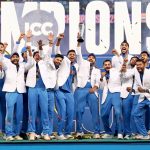 The Indian team with the Champions Trophy, Dubai, March 9, 2025