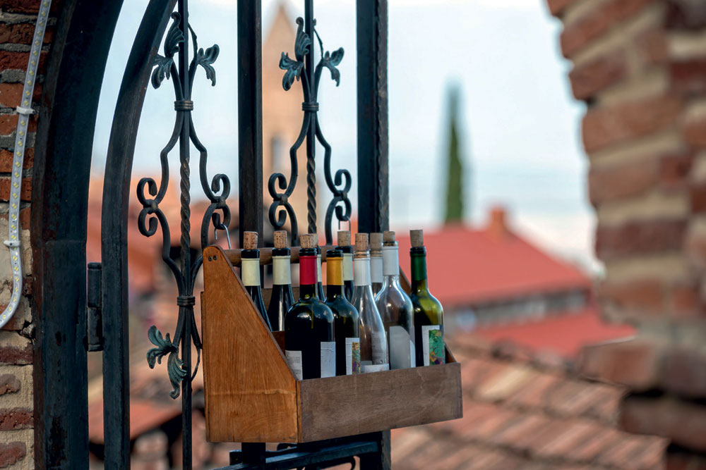 A box of Georgian wine at a restaurant, Sighnaghi town, Kakheti