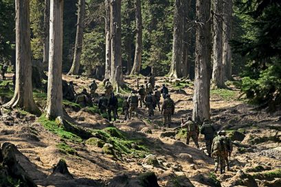 Security forces conduct a search operation at Baisaran, Pahalgam. April 23, 2025