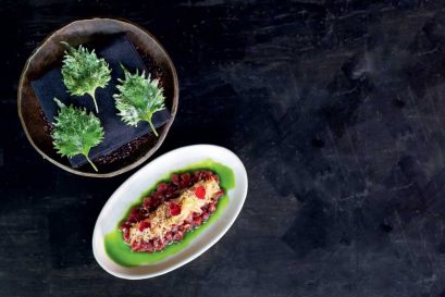 Sisho leaf Tuna (Left); Pomelo chaat dusted with Jakhia Seeds at Inja