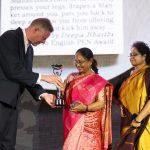 Max Porter, Chair of judges, with International Booker Prize 2025 winners Banu Mushtaq and Deepa Bhasthi at the ceremony in London