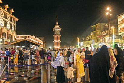 Tourists and locals at Srinagar’s Lal Chowk after its recent redevelopment