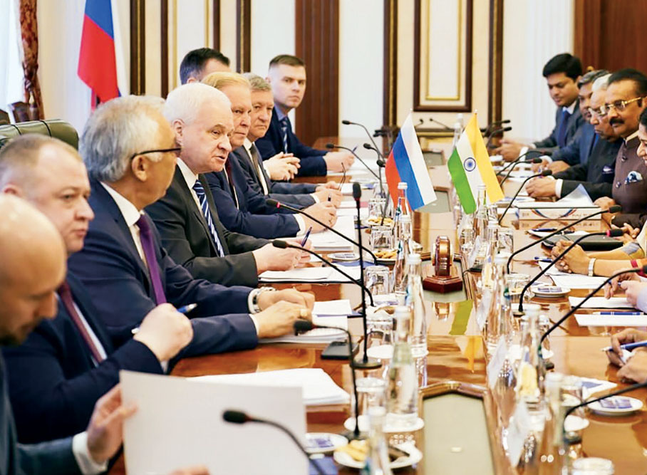 A delegation led by DMK MP Kanimozhi talks to Russian Senator Andrey Denisov and others, Moscow, May 23, 2025