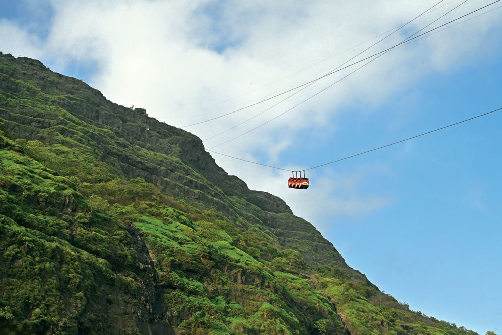 The ropeway connecting Pachad village at the base of the hill to Raigad Fort