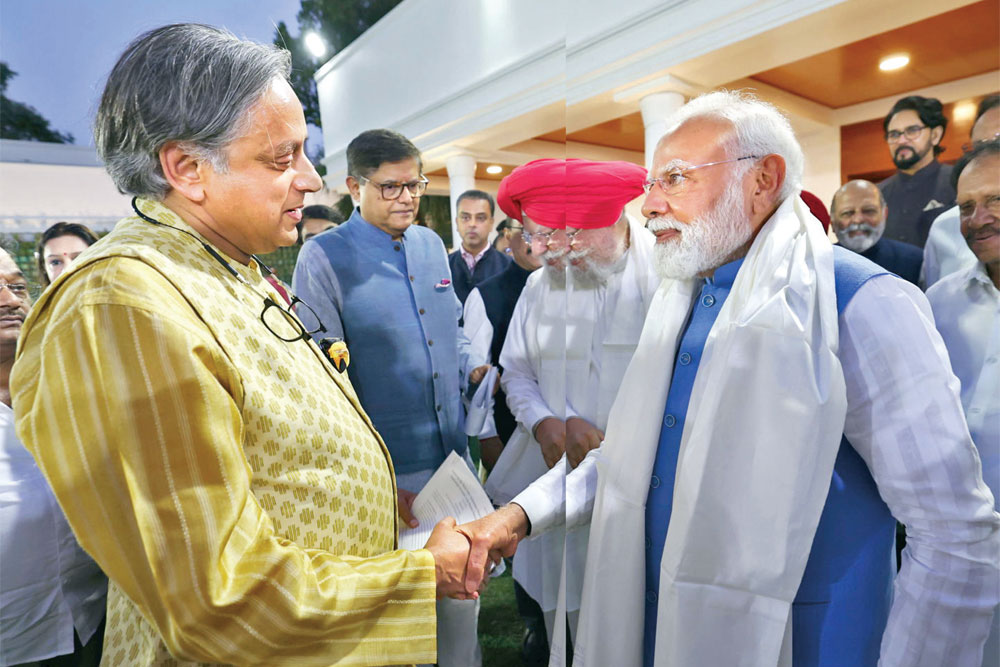 Prime Minister Narendra Modi greets Congress MP Shashi Tharoor who led one of the multi-party delegations, New Delhi, June 10, 2025