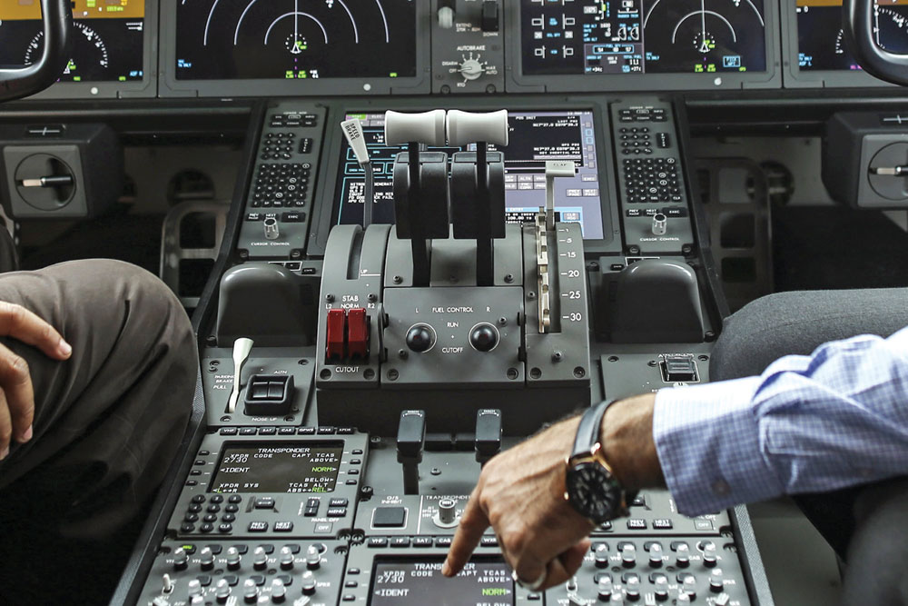 The cockpit of a Boeing 787 Dreamliner aircraft 