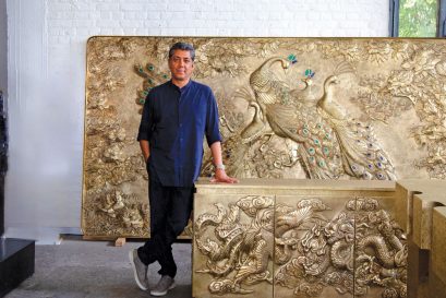 Vikram Goyal with his large-scale brass designs, Delhi