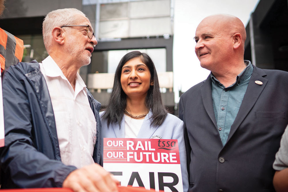 MPs Jeremy Corbyn and Zarah Sultana, and rail union leader Mick Lynch at the railway strikes in London, August 2022