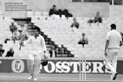 Sachin Tendulkar celebrates his maiden test century against England, Manchester, 1990