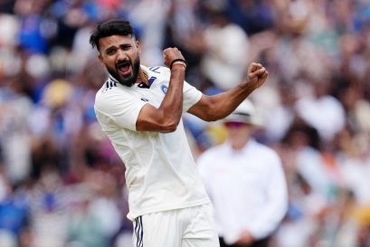 Akash Deep celebrates after taking the wicket of England's Harry Brook at Edgbaston, Birmingham, July 6, 2025