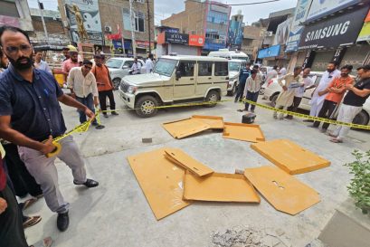 The crime scene where businessman Sanjay Verma was shot dead at Abohar, Punjab, July 7, 2025