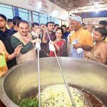 Chairman of Adani Group Gautam Adani and Chairperson of Adani Foundation Dr Priti Adani stir up a seva meal for pilgrims at the ISKCON-Adani mega kitchen in Puri, Odisha, June 27, 2025