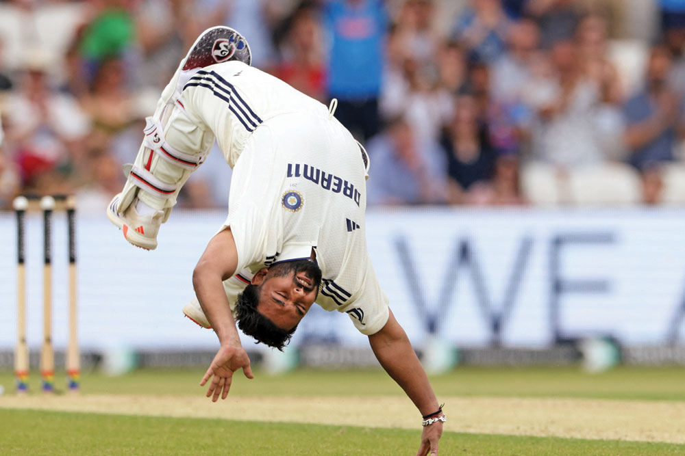 Rishabh Pant does a somersault to celebrate his century during the first Test match versus England, Leeds, June 21, 2025 