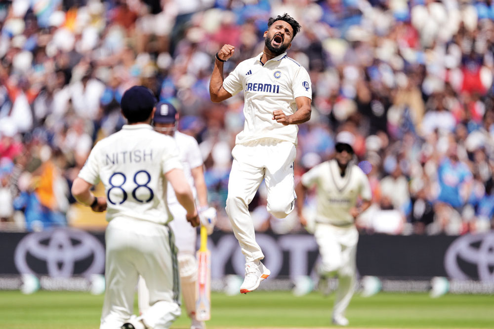 Akash Deep celebrates after taking a wicket, Birmingham, July 6, 2025 