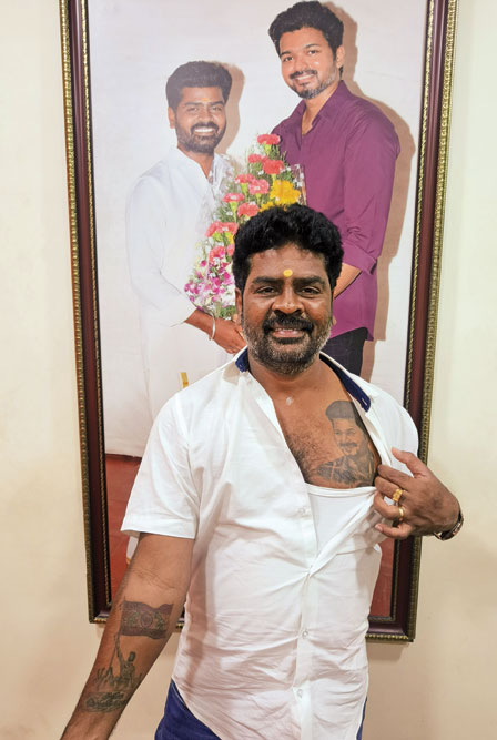 Vijay fan and party worker Damodaran at the TVK party office in Thiruvanmiyur, Chennai