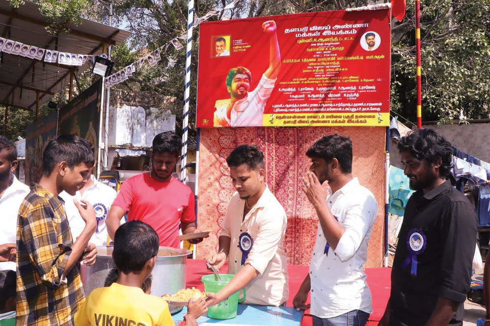 A TVK fan club food donation camp in Chennai, July 22, 2025