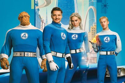 Ebon Moss-Bachrach, Pedro Pascal, Vanessa Kirby, and Joseph Quinn in The Fantastic Four