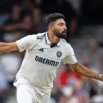 Mohammed Siraj celebrates after taking an English wicket at the Oval, August 4, 2025