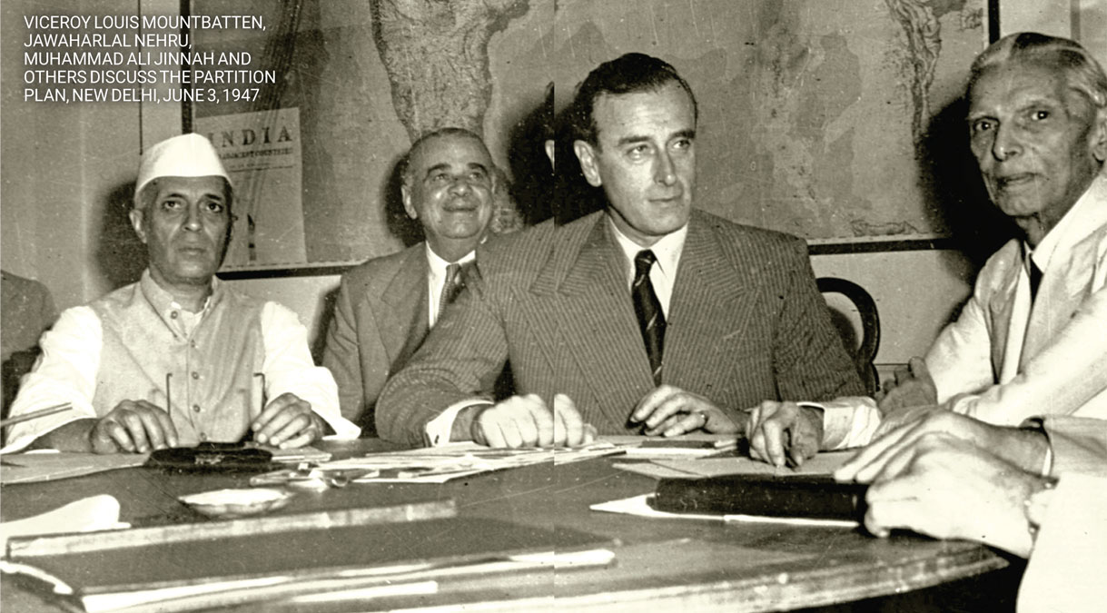 Jawaharlal Nehru, Muhammad Ali Jinnah and others discuss the Partition Plan, New Delhi, June 3, 1947