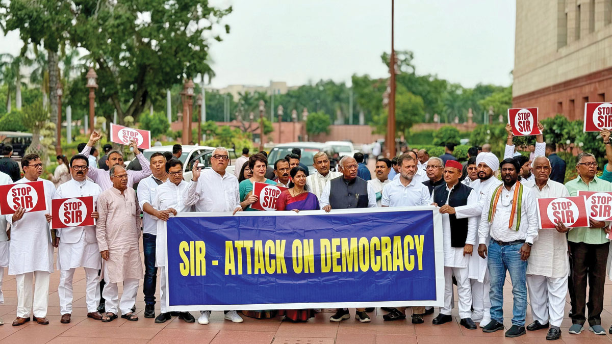 Opposition MPs protest against the Bihar Special Intensive Revision exercise outside Parliament, July 25, 2025