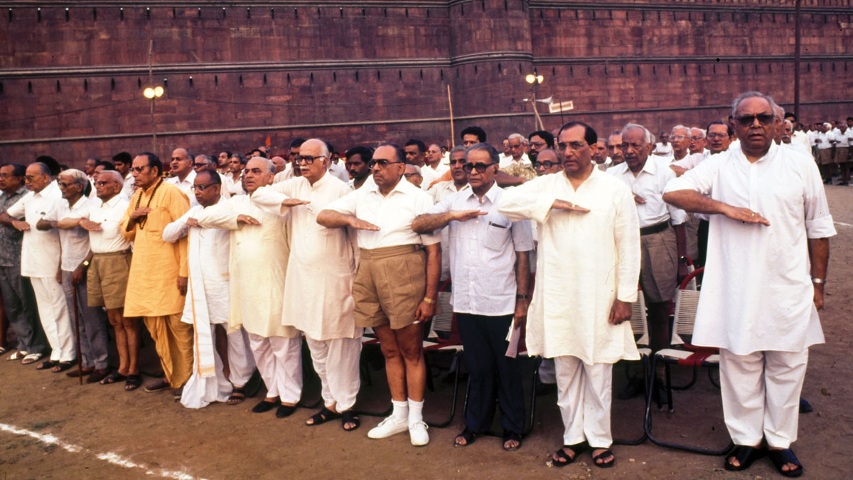 LK Advani and other Bharatiya Jana Sanghleaders at an RSS rally, New Delhi, circa 1977